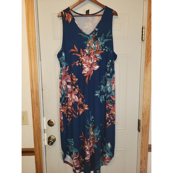 Lildy Dress Womens Blue Floral Sleeveless Pockets Stretch Summer Size 2X-3X - Picture 1 of 4